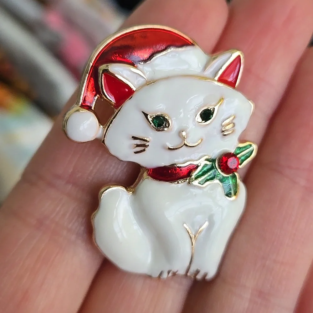 Festive Cat Brooch with Red Santa Hat In White, NWT